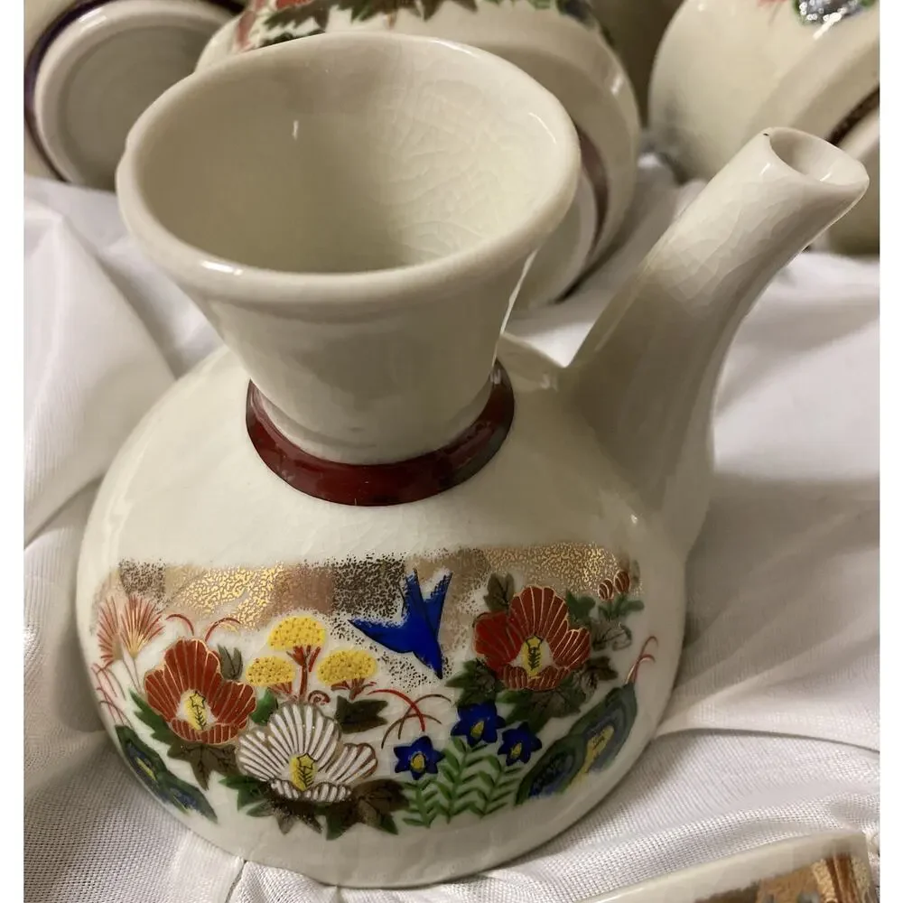 VTG Japan Sake Tea Set Cups 12 Pc‎ Beautiful Flower Design Yokohama Hand Painted